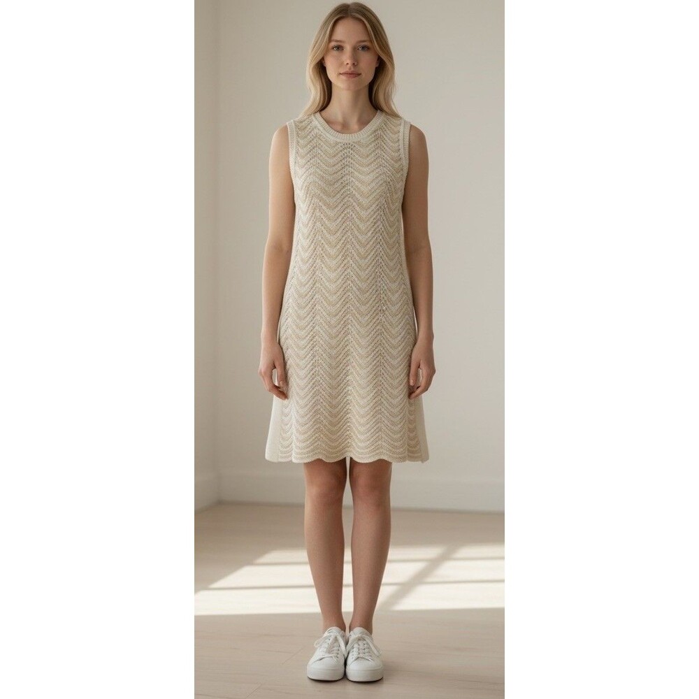 Evereve Crochet Knit Sleeveless Sweater Dress Beige White Chevron Size Small EUC